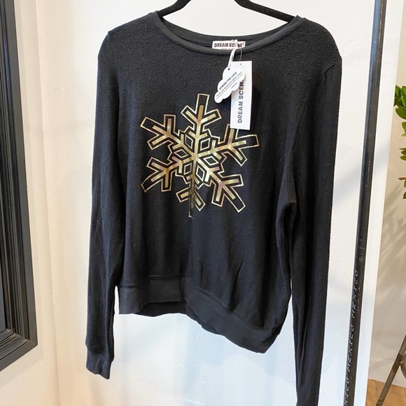 DREAM SCENE x WILDFOX Women's Back/Gold Foil Snowflake Fleece Pullover sz M NWT - Picture 6 of 9